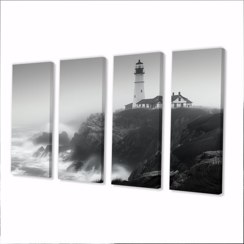 Phare monochrome brouillard d'hiver Cliff II - ensemble de décorations murales phares, H 28 po x l 48 po