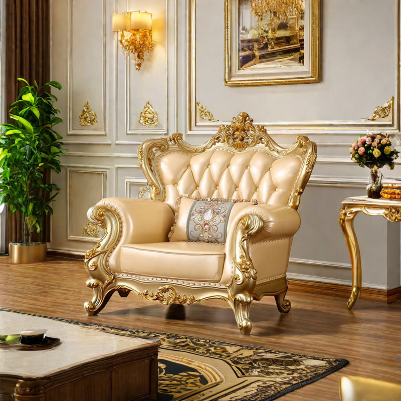 European-style Solid Wood Carved Leather Chair Leather Armchair