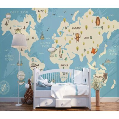 Kids World Map Cartoon Animals 6.25' L x 112"" W Paintable Wall Mural -  GK Wall Design, GKWP000241W55H35_V