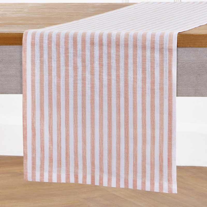 Amalfi Stripe - 100% Pure Linen Table Runner, 48" x 14", Coral/White