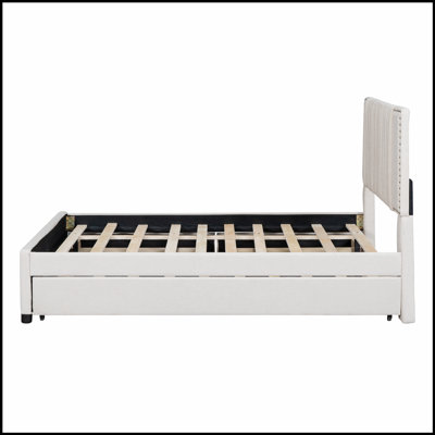 Élégant lit plateforme tapissier avec 2 tiroirs et 1 lit gigogne, combinant style, rangement et couchage pour les chambres à coucher modernes.