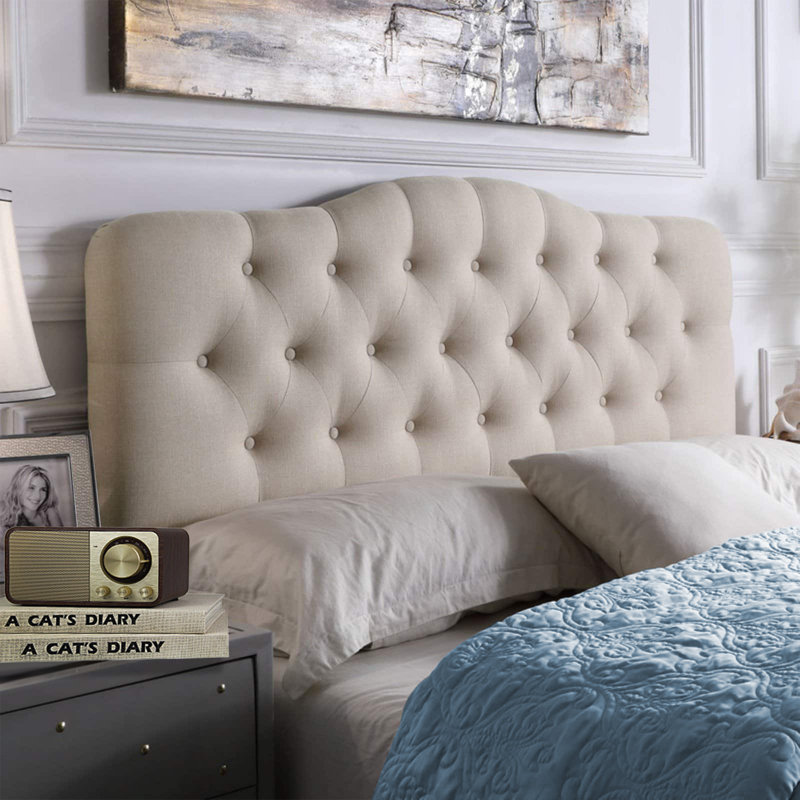 Linen Upholstered Headboard-Modern-Adjustable Height-Button Tufting, Beige, King