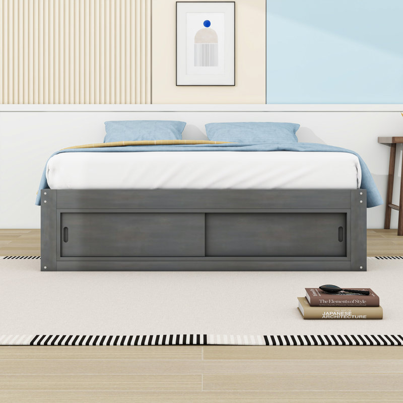 4 Drawers Queen Platform Bed with Footboard Cubby and Sturdy Slats, Antique Gray