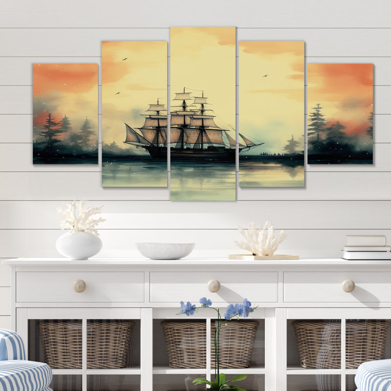 Voilier au coucher du soleil, Illustration rétro - reproduction d'art sur toile - 5 panneaux