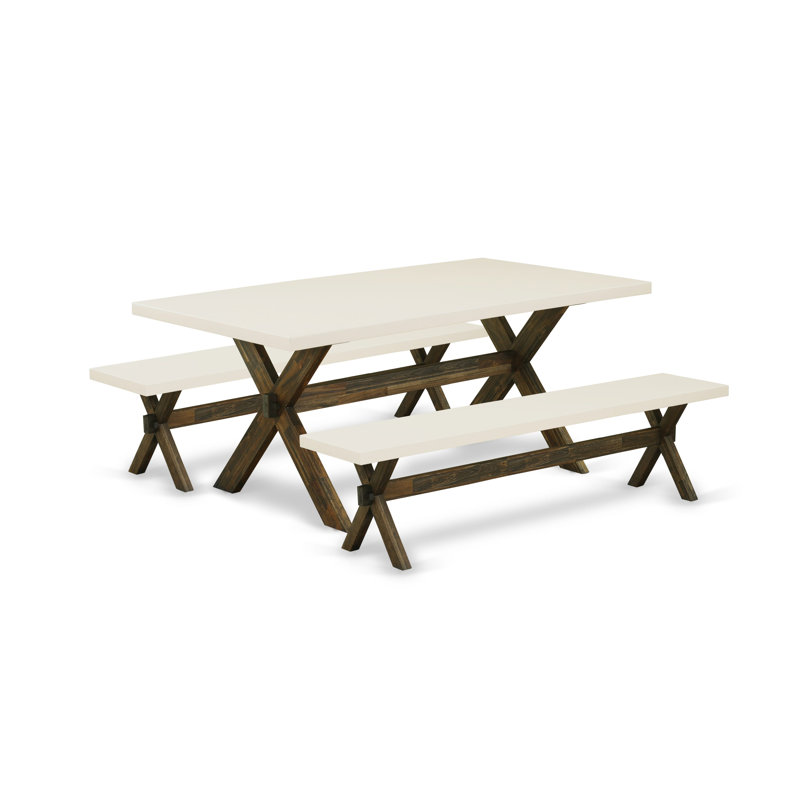 3 Piece Dining Room Table Set Contains a Rectangle Dining Table with X-Legs and 2 Kitchen Bench, distressed Jacobean base finish