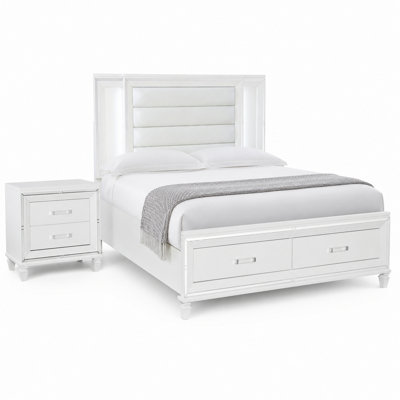Queen Bedroom Set, White Wood, 2 Piece Set with Nightstand