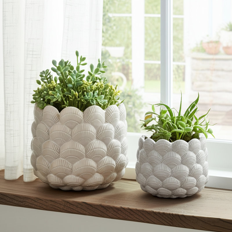 Jardinières coquillage, blanc, 2 pièces