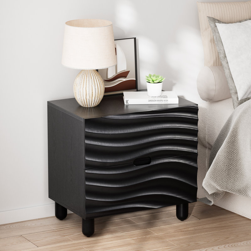 Modern 2 Drawer Wood Nightstand With Wave Drawer Fronts In Brown, Brown