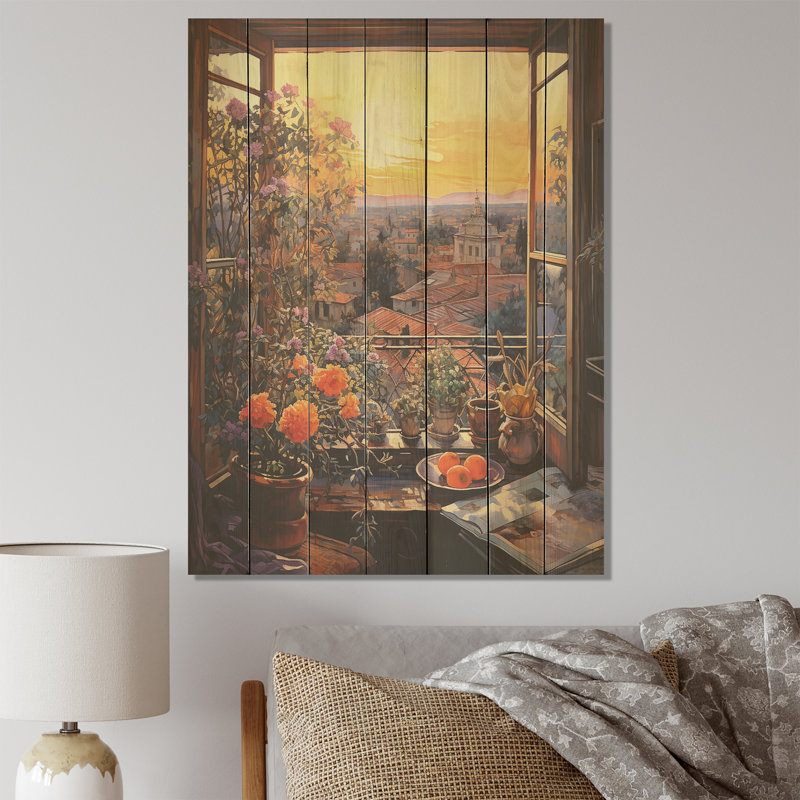 Sunset Florals Windows View In Italy IV - Fenêtre florale sur bois, H 20 po x l 10 po