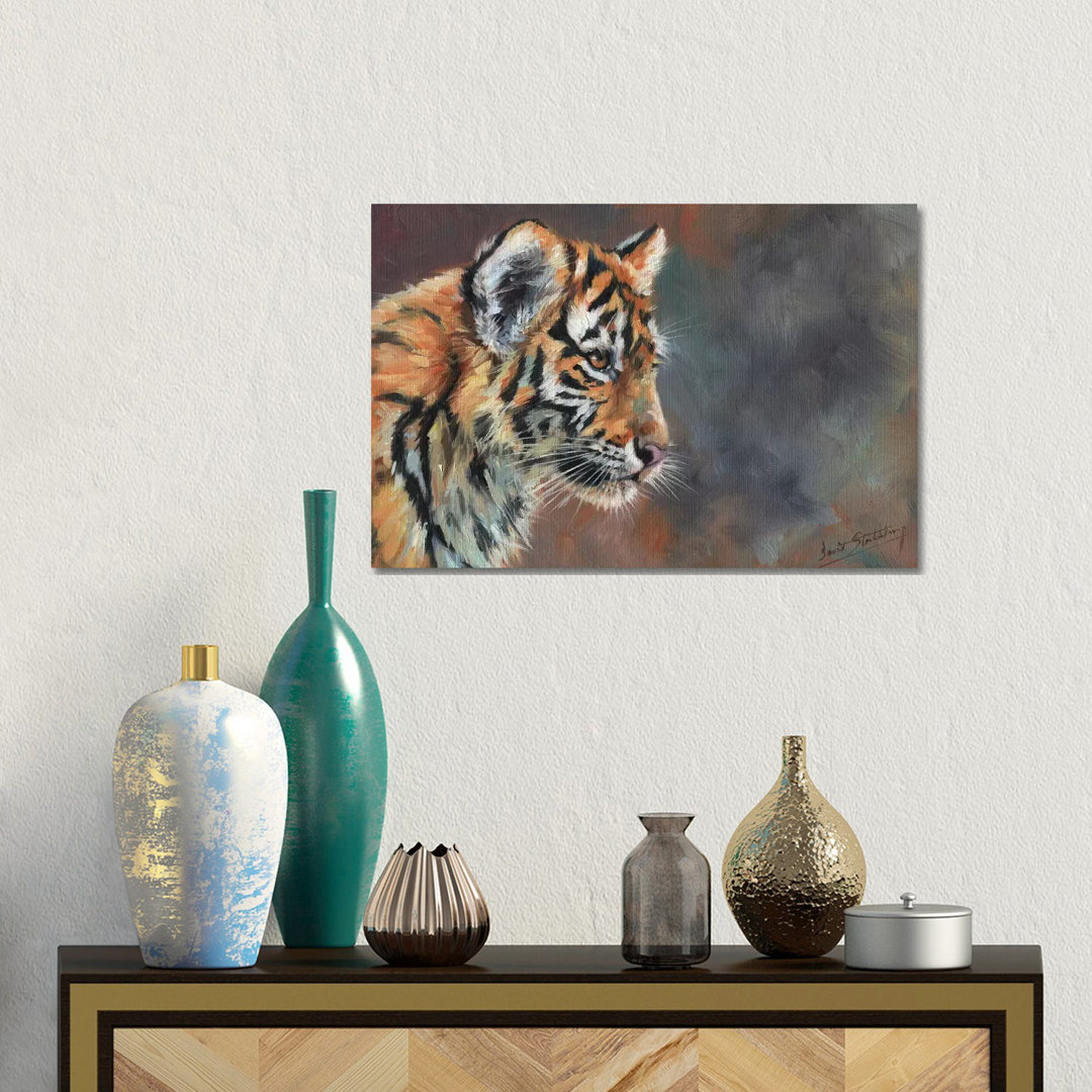 Tigerjunges Porträt in Öl von David Stribbling - Galerie-umwickelte Leinwand Giclée auf Leinwand