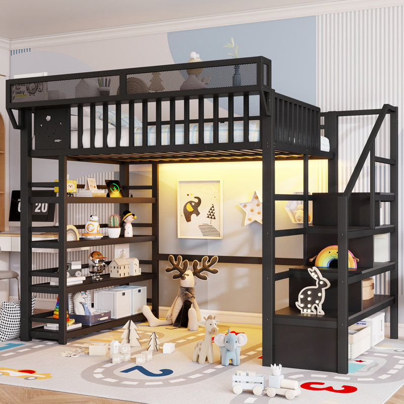 Lit mezzanine avec rangement, structure en métal noir, chambre d'enfant moderne pour économiser de l'espace