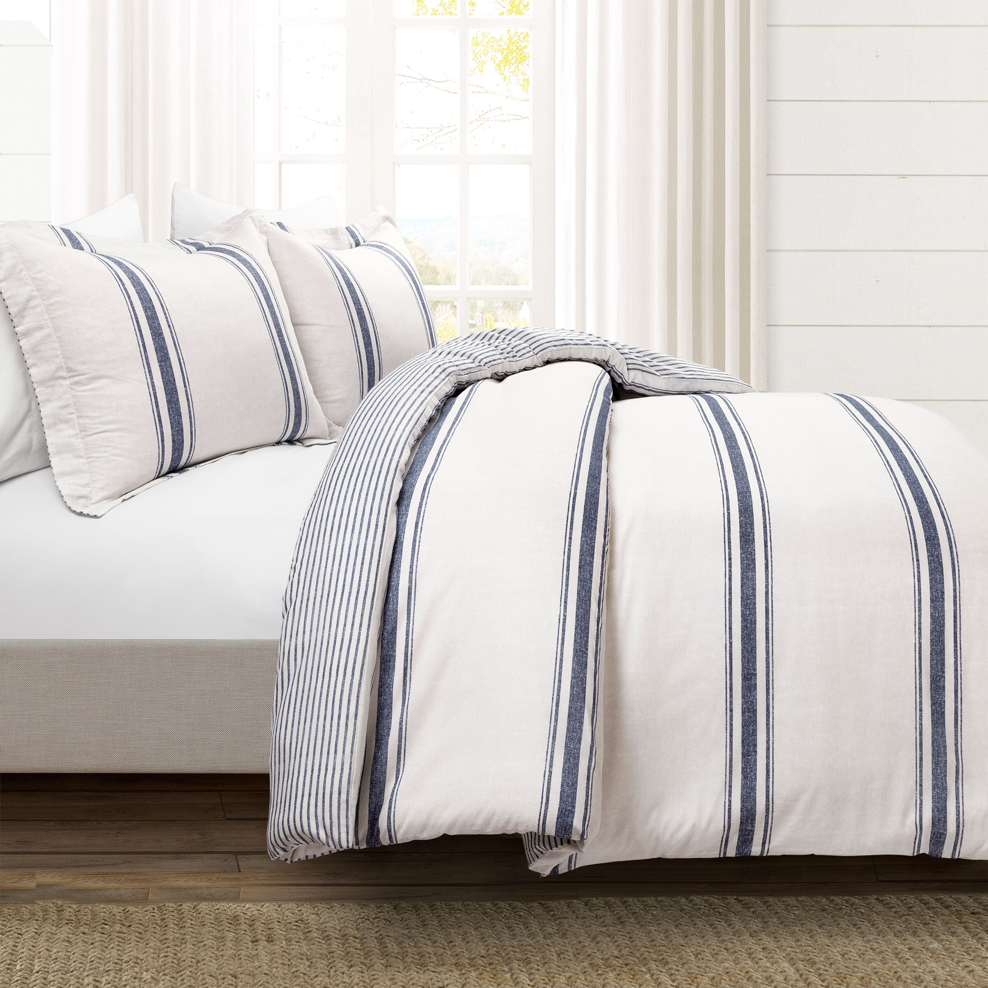 Standard Cotton 460 TC Reversible 3 Piece Duvet Cover Set, Queen Duvet Cover + Standard 2 Shams, Navy
