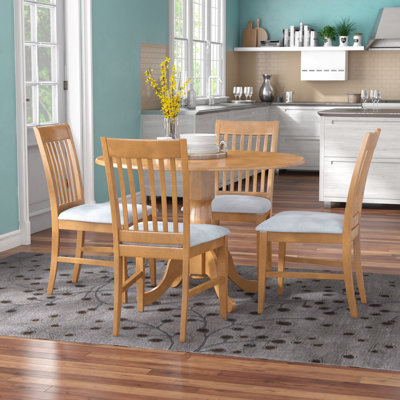 5 Piece Kitchen Table & Chairs Set Includes a Round Dining Room Table with Dropleaf and 4 Linen Fabric Upholstered Dining Chairs, 42x42 Inch, Oak
