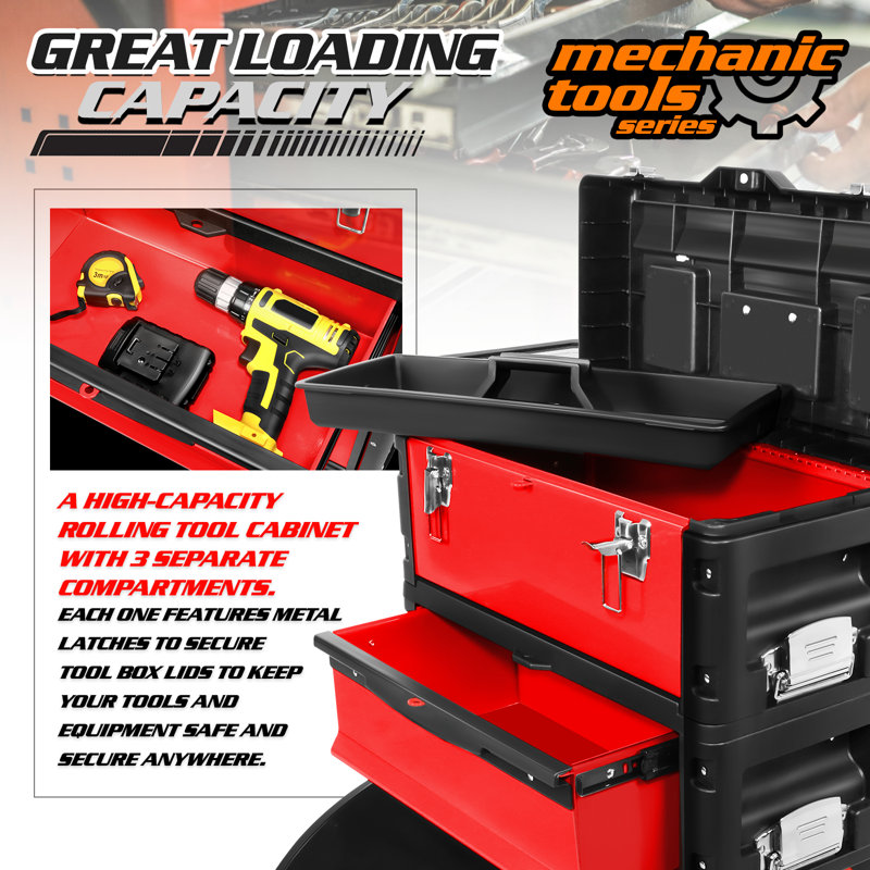 3-In-1 Stackable Tool Box With Wheels, Rolling Hand Case Tool Box Trolley Chest Cabinet With Drawer, Red
