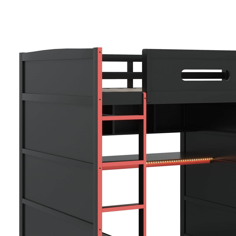 Full Size Wood Loft Bed With Desk,Wardrobe,Ample Storage Space And RGB LED Light, Red