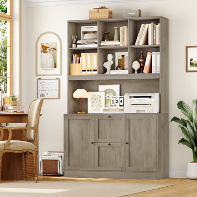  72"H Wood Storage Bookcase With Adjustable File Drawers, Base Cabinet With Drawers, Gray Brown