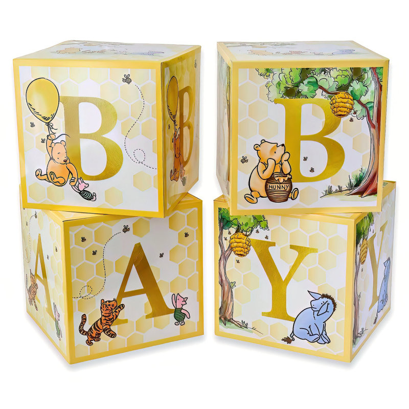 Kate Aspen Honey Bear Baby Shower Boxes with Letters for Baby Shower Gender Reveal Decorations Photo Prop & Forest Animal Nursery Decor (Set of 4 Blocks Spells Baby)