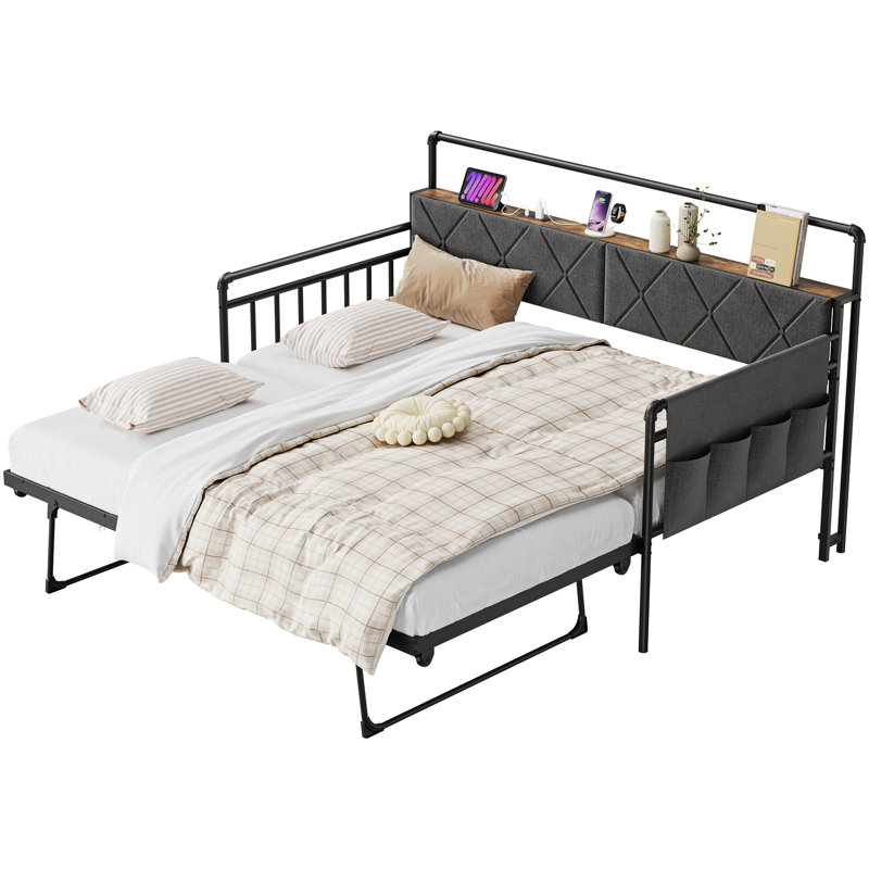 Twin Daybed with Trundle Bed, Bed Frame With  Charging Station,LED Lights And Storage Pockets, Black
