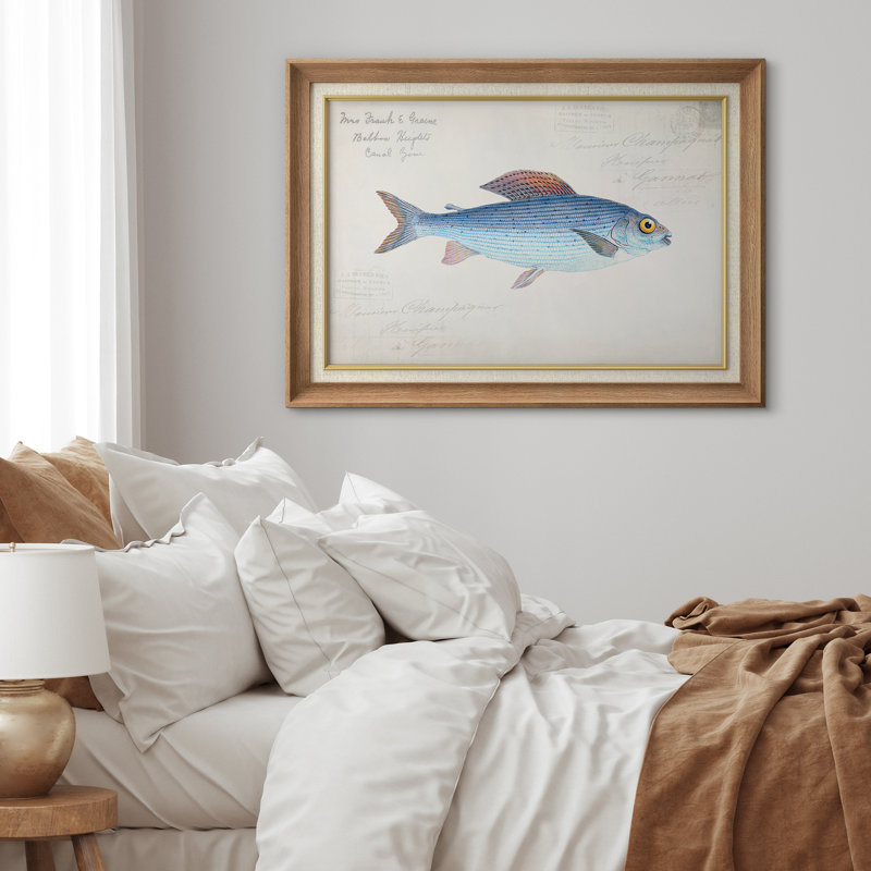 Poissons bleus rétro avec écriture française, images de salle de bain, impression sur toile encadrée sur toile.