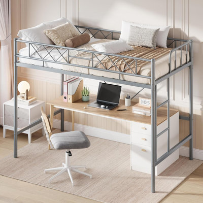 Twin Loft Bed Frame - Metal Heavy Duty, Twin-Size Loft Bed with Safety Guardrail & Ladder, Space-Saving Platform (No Box Spring Needed), Modern Gray for Teens Dorm Room