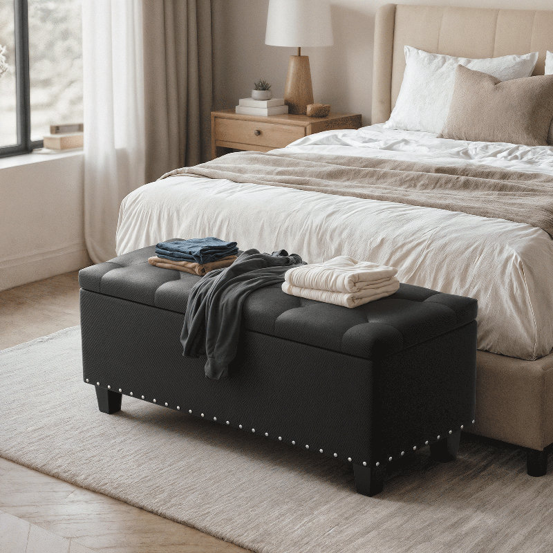 Grimstad Upholstered Fabric Storage Ottoman, Storage Bench with Button-Tufted, Black
