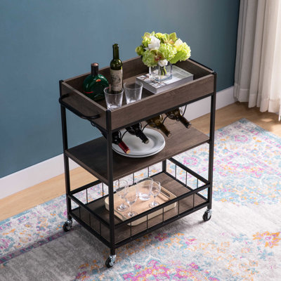 Chariot de cuisine roulant - Support pour 3 et 4 bouteilles de vin. Fabrication en métal brun et noir. Roues verrouillables robustes pour la mobilité. Tablettes fermées. Poids maximal: 100 lb 10 lb par tablette