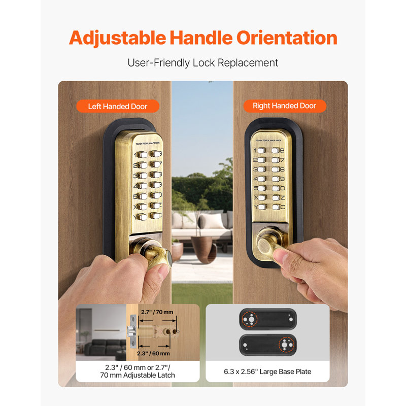 Serrure de porte mécanique sans clé, serrure de porte mécanique à 14 touches, serrure de porte à clavier mécanique avec poignée, serrure de portail étanche double face en acier inoxydable sans clé