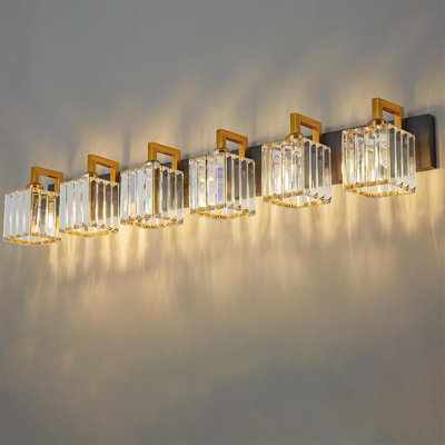 Luminaire de salle de bain moderne à 6 lumières avec abat-jour en cristal et finition brossée, compatible avec une ampoule E26