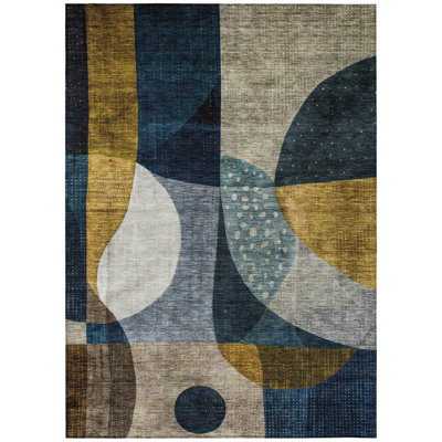 5' X 8' Blue Gold And Gray Abstract Washable Indoor Outdoor Area Rug