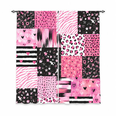 2Pcs Cute Patchwork Curtains, Leopard Print Zebra Stripes Hearts Stars Pattern, Light Filtering for Teen Rooms, Bedrooms, Playrooms Home Decoration