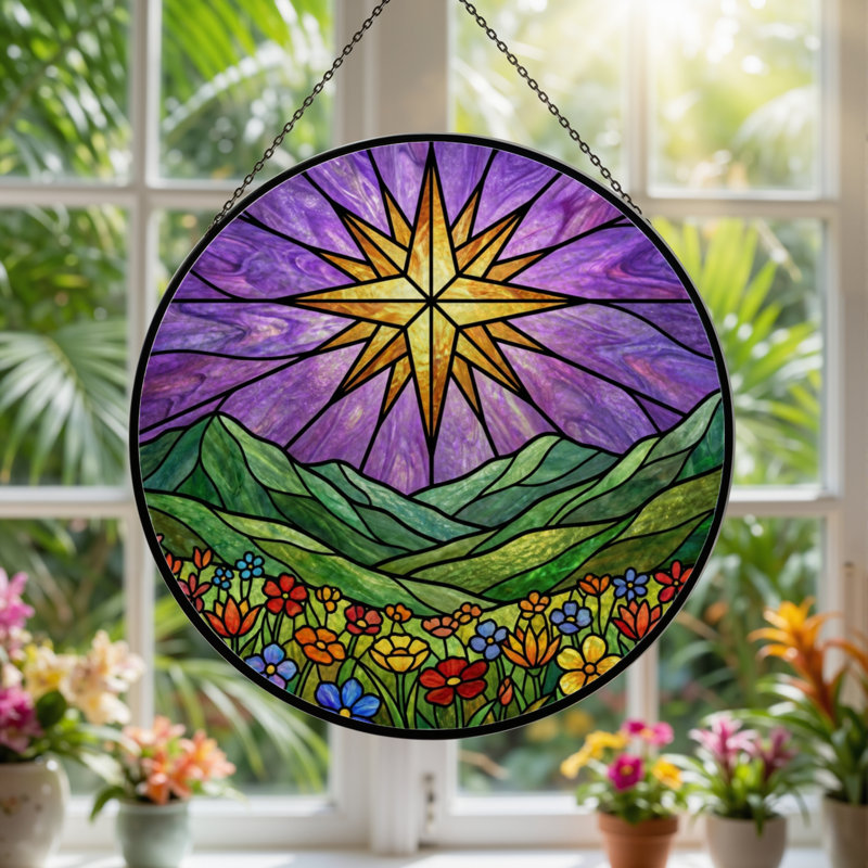 7.8"H Star Sky Stained Glass Window Panel, 7.8" H x 7.8" W