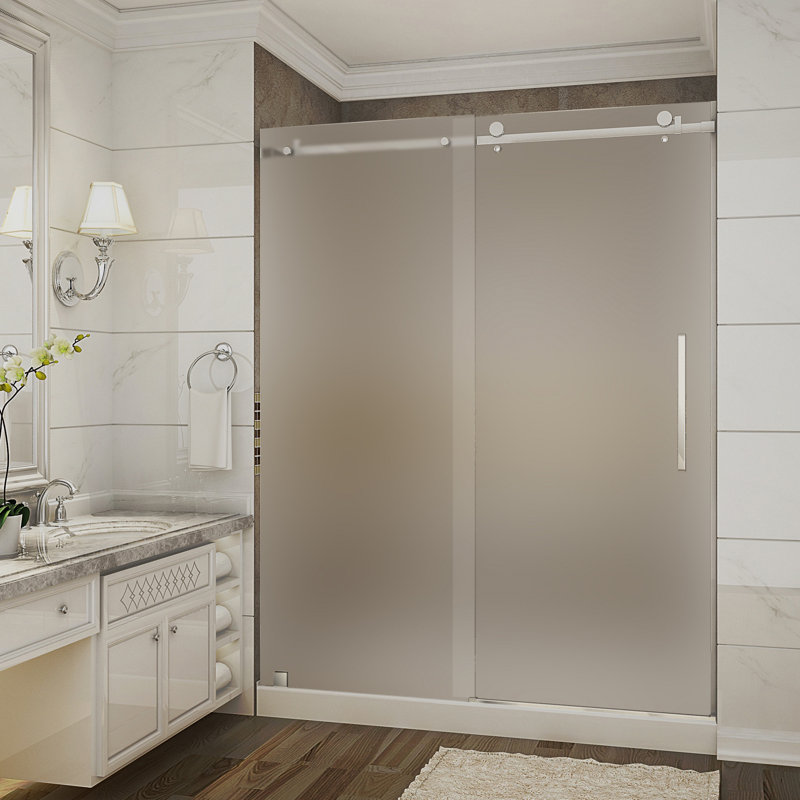 Porte de douche coulissante simple sans cadre de 77,5 po Moselle, Vers la droite, Acier inoxydable, Givré