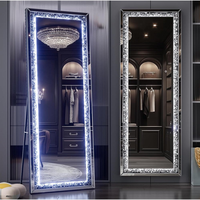  Ivy Bronx Full-Length Mirror with Lights and Crystal Crush Diamond, Wall Mounted Hanging Diamond Mirror Leaning for Living Room Bedroom with 3-Year Warranty