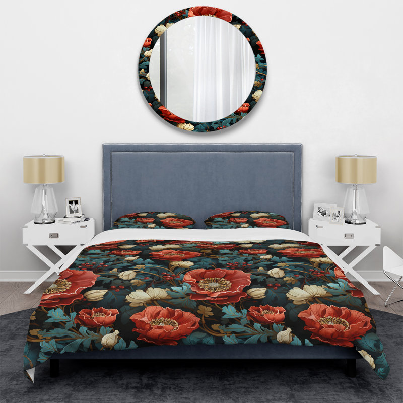Literie bleue et rouge à motif de coquelicots I, Housse de couette pour grand lit et 2 taies décor