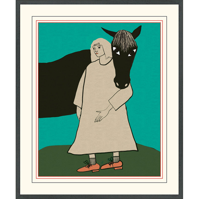 Cheval noir et femme, H 21,75 po x l 17,75 po