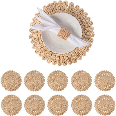Set Of 10 Round Corn Husk Placemats | Boho Woven Rattan Table Mats | Farmhouse Wicker Chargers With Heat Resistance And Anti-Slip Backing