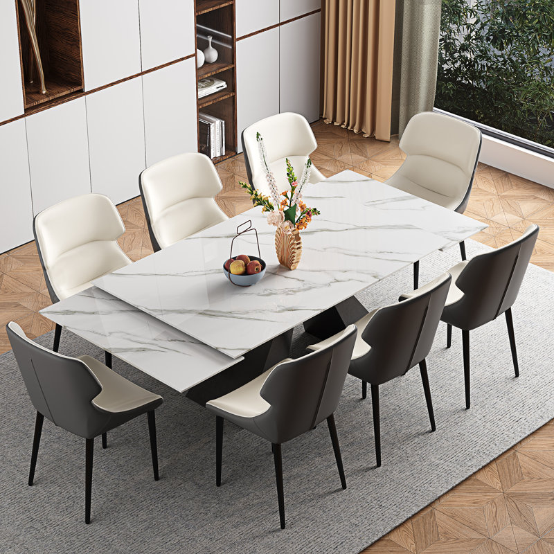 9-Piece Dining Table Set With 63''-94.5'' Extendable Sintered Stone Dining Table And 8 Faux Leather Wingback Dining Chairs