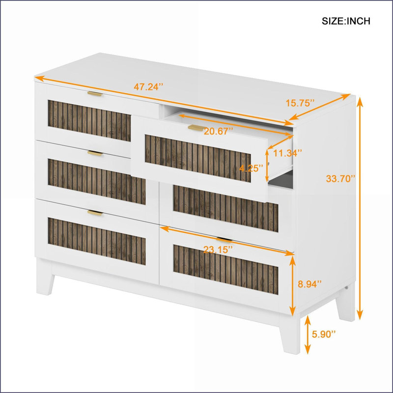 Dresser, Farmhouse Rustic 6-Drawer with Metal Handles, White Particle Board | White | Particle Board