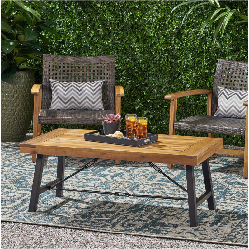 Table basse d'extérieur en bois d'acacia, finition teck / métal rustique