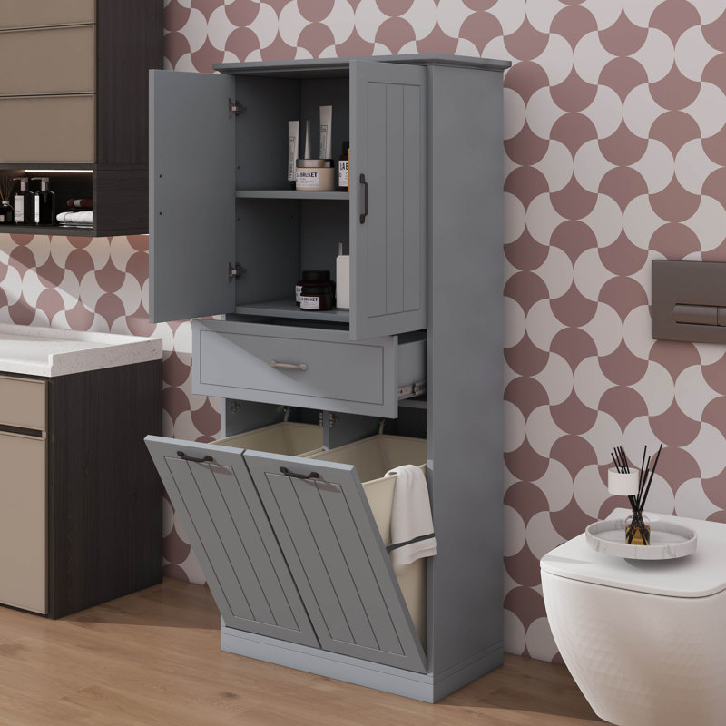 Bathroom Storage Cabinet With Two Laundry Baskets, Storage Cabinet With Doors And Drawer For Home, Gray