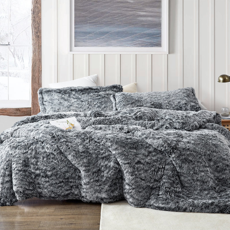 Coma Inducer Fluffy Plush Oversized Comforter Set, Peppered Black, Queen Comforter + 2 Shams