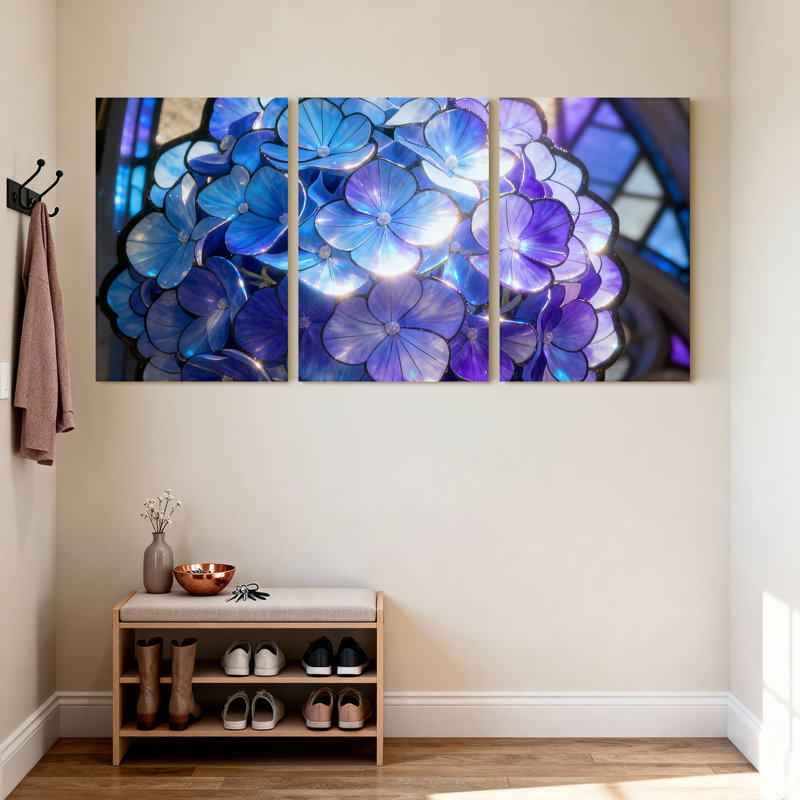 Ensemble de 3 impressions sur toile tendue sur toile de style vitrail floral bleu, H 18 po x l 36 po