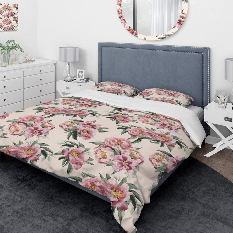 Ensemble de housse de couette designart pivoines, Housse de couette très grand + 2 taies décoratives