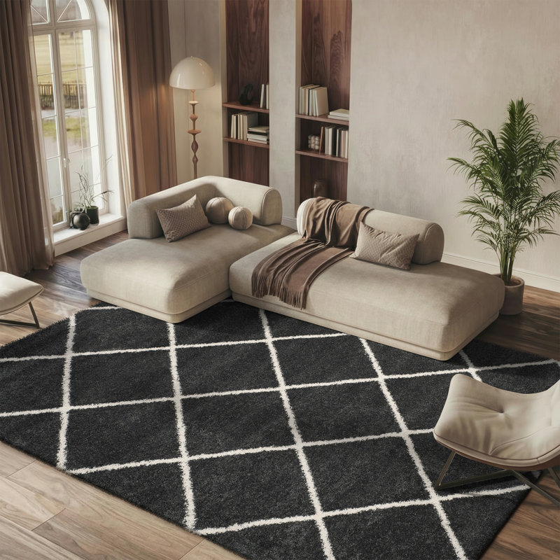 Humberto Hudson Shag Performance Geometric Rug, Rectangle 8' x 10', Dark Gray/Ivory