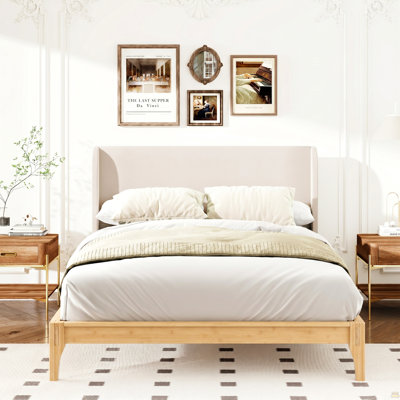 Queen Size Solid Dry Bamboo Wood 12 Inch Platform Bed, with 48" Upholstered High Headboard, Easy Assembly,Natural