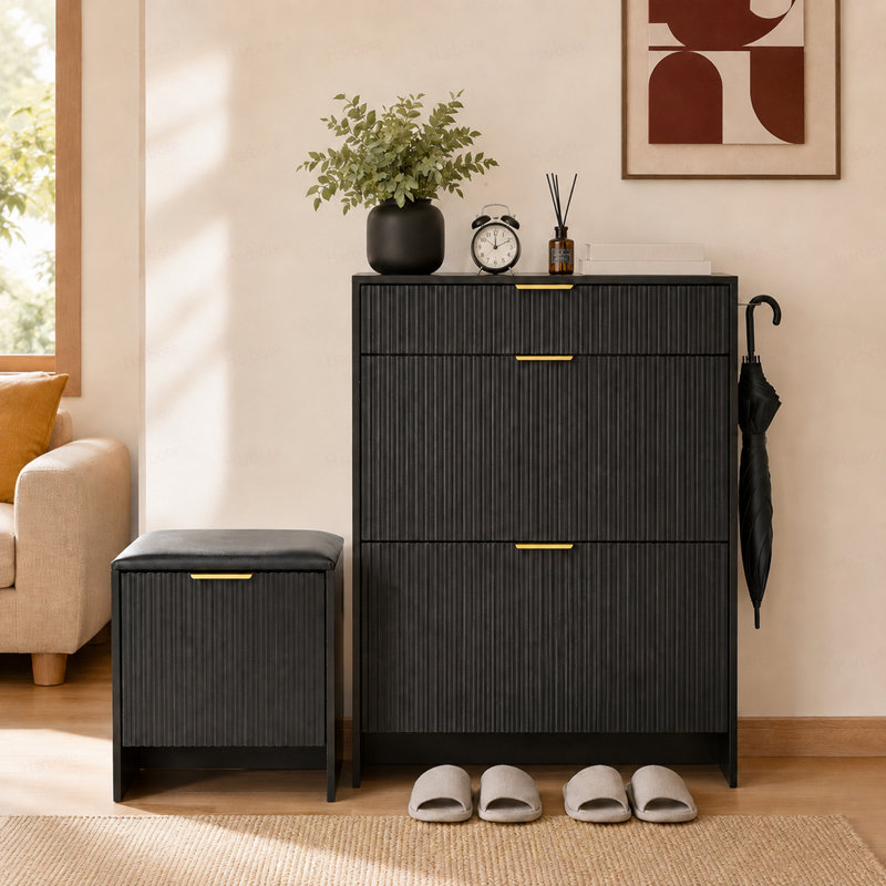 Ensemble d'armoire à chaussures cannelée avec banc à chaussures rembourré et poignées dorées