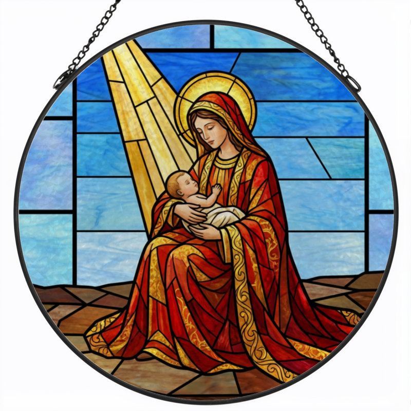 Panneau de vitrail en verre teint 7,8 "H vierge et enfant, H 7,8 po x l 7,8 po