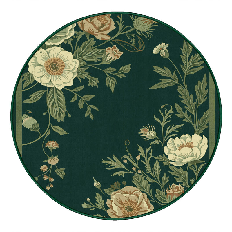 Tapis floral orné traditionnel lavable à la machine Osiyo - Reliure verte, 6 po de diamètre