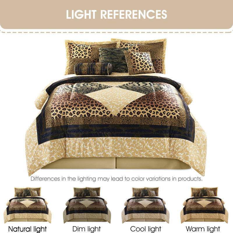 Queen Brown Gold Microfiber Safari Comforter Set with Curtains