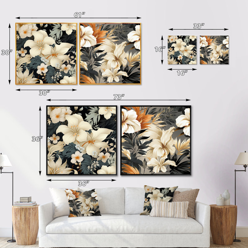 Revere - Ensemble de 2 collages floraux carrés, Cadre flottant brun, H 30 po x l 61 po